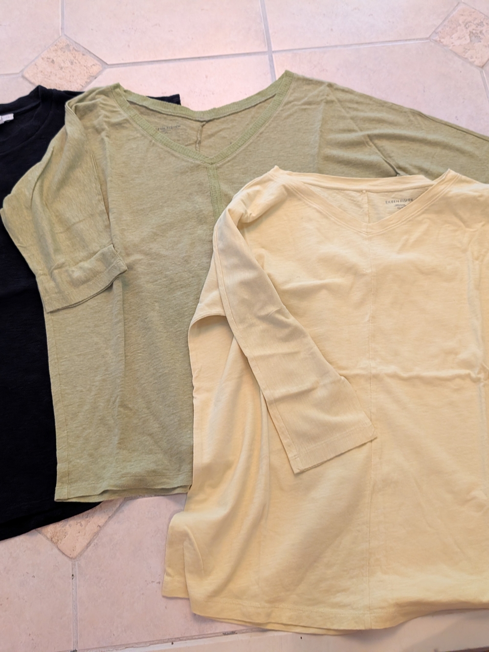 3 Eileen Fisher Lightweight V-Neck Tops in Black, Olive, and Light Yellow